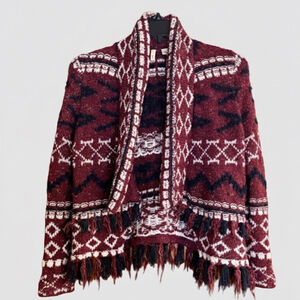 Moth Anthropologie Burgundy Fringe Open Cardigan Sweater XS Boho Knit